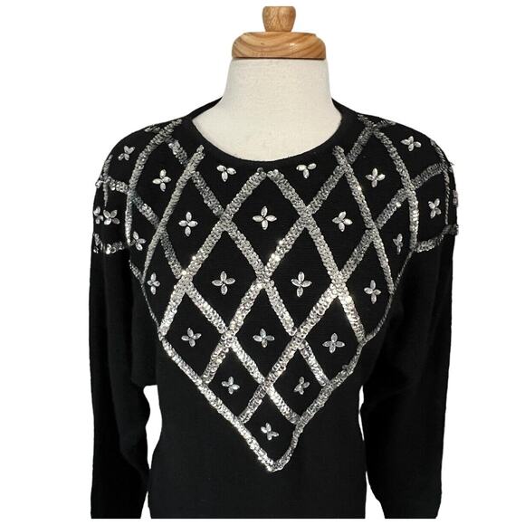 Vintage 80s 90s Samantha Starr Black Silver Sequin Silk Angora Sweater Women's L - Picture 3 of 8